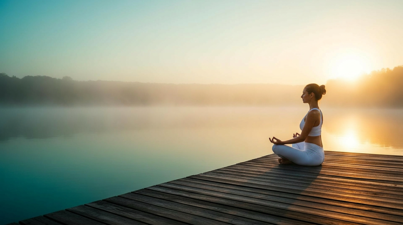 Femme en méditation au lever du soleil sur un ponton, brume sur le lac