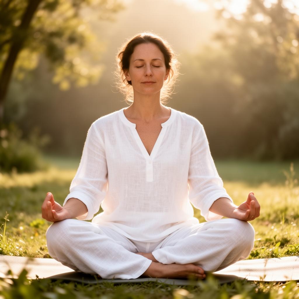 Femme en méditation paisible à la lumière dorée du matin, en pleine nature